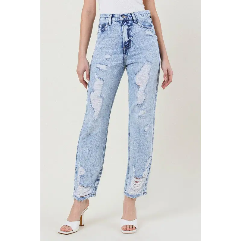 High Waisted Straight Leg Acid Wash Jean Medium Stone Jeans