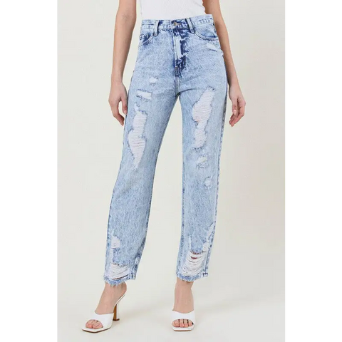 High Waisted Straight Leg Acid Wash Jean Medium Stone Jeans