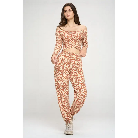 Jogger and Off shoulder top loung wear set leopard Set