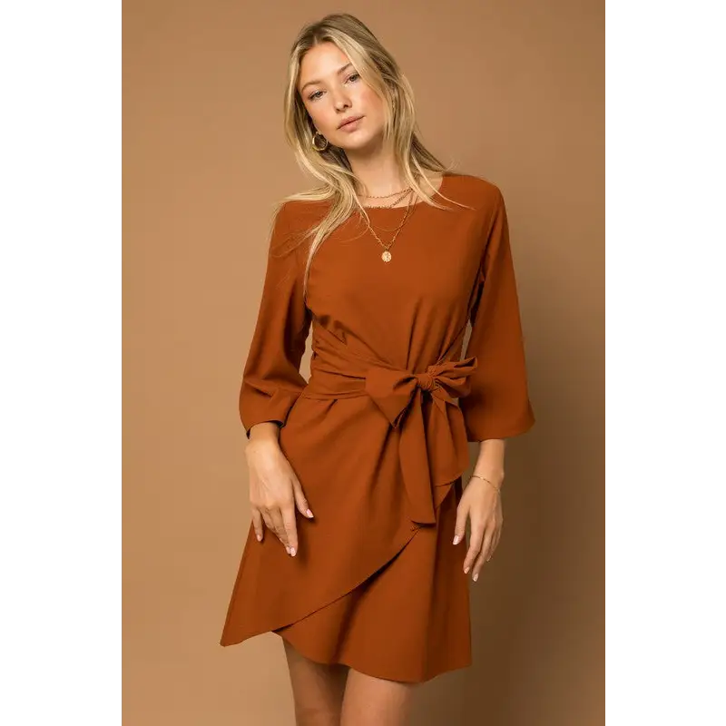 Kimono Sleeve Tie Wrap Dress Brown Dress