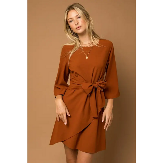 Kimono Sleeve Tie Wrap Dress Brown Dress