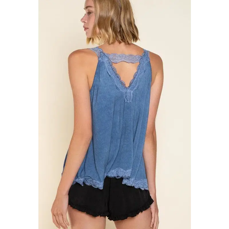 Lace Trim Halter Top with Back Strap Top