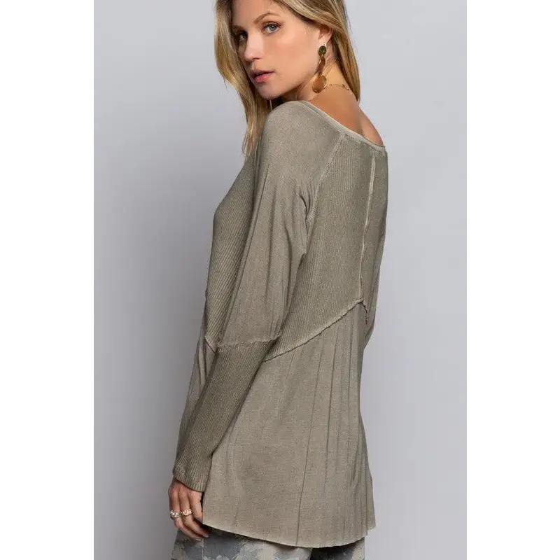 Light Wash Rib Textured Long Sleeve Top Top