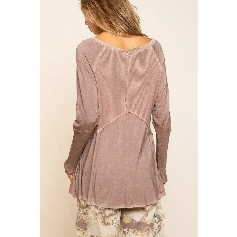 Light Wash Rib Textured Long Sleeve Top Top