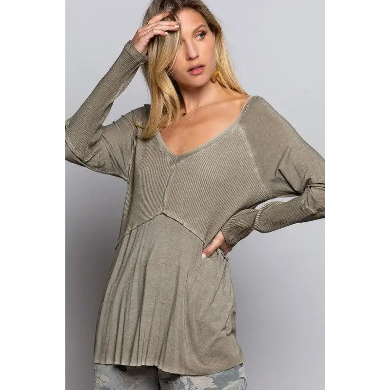 Light Wash Rib Textured Long Sleeve Top Top