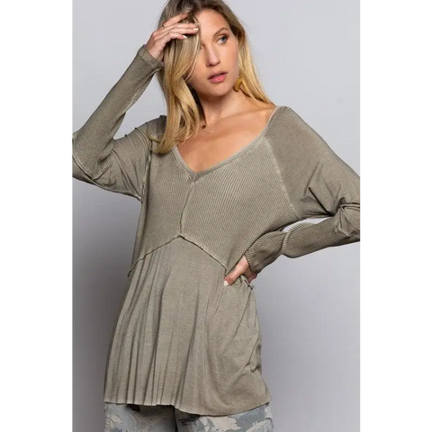 Light Wash Rib Textured Long Sleeve Top Top