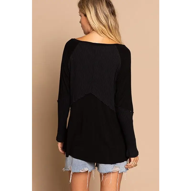 Light Wash Rib Textured Long Sleeve Top Top