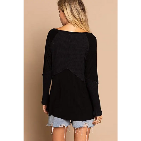 Light Wash Rib Textured Long Sleeve Top Top