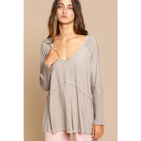 Light Wash Rib Textured Long Sleeve Top Top