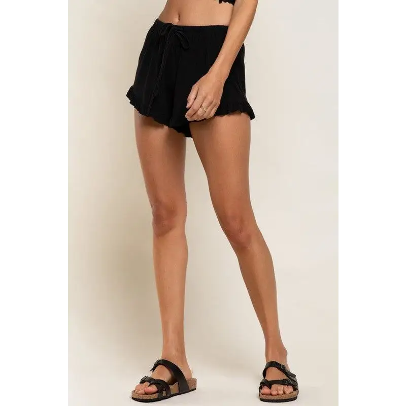 Light Weight Ruffle Trim Shorts BLACK Shorts