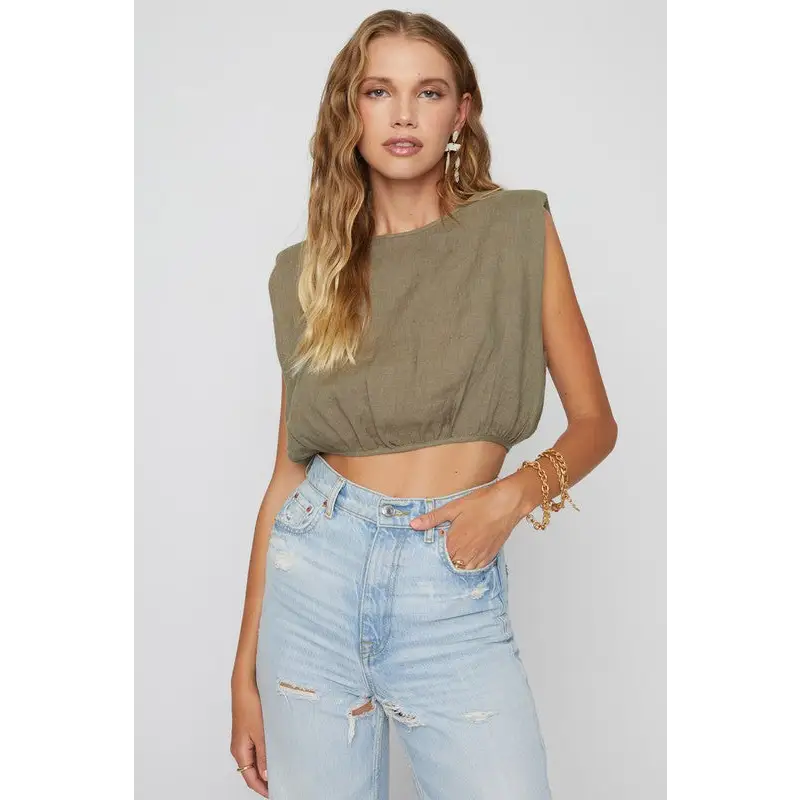 LINEN SHOULDER PAD TOP Olive Tops