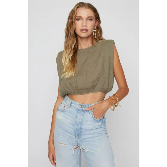 LINEN SHOULDER PAD TOP Olive Tops