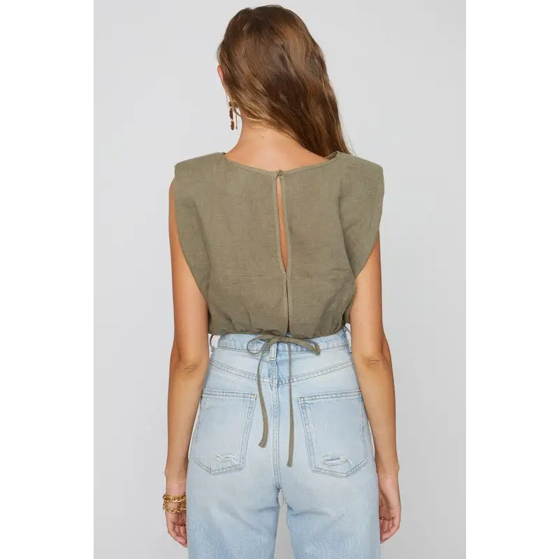 LINEN SHOULDER PAD TOP Tops