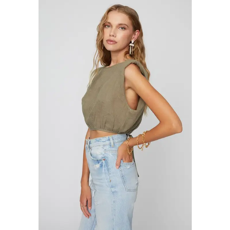 LINEN SHOULDER PAD TOP Tops