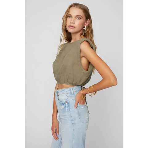 LINEN SHOULDER PAD TOP Tops