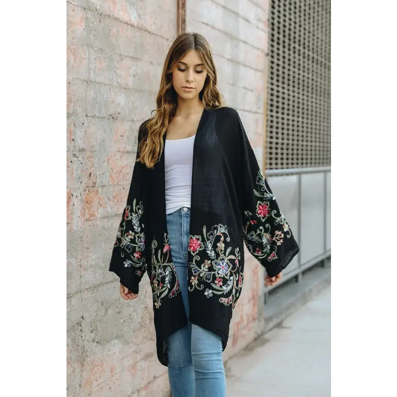 Long Floral Kimono Cardigan Black One Size cardigan