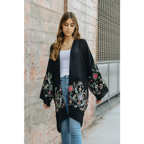 Long Floral Kimono Cardigan Black One Size cardigan