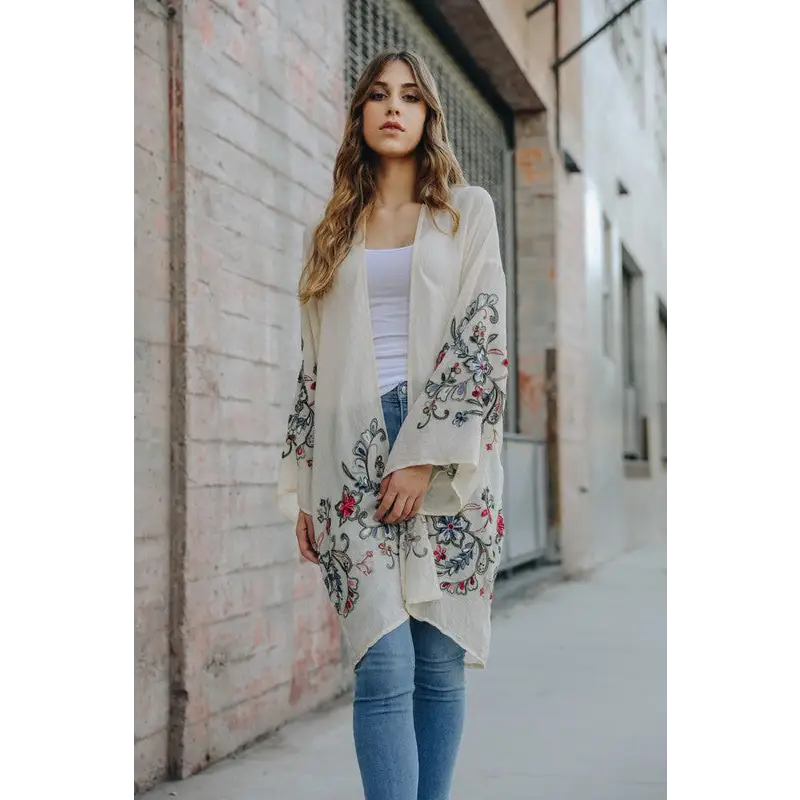 Long Floral Kimono Cardigan Cream One Size cardigan