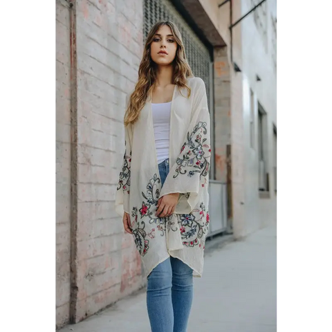 Long Floral Kimono Cardigan Cream One Size cardigan