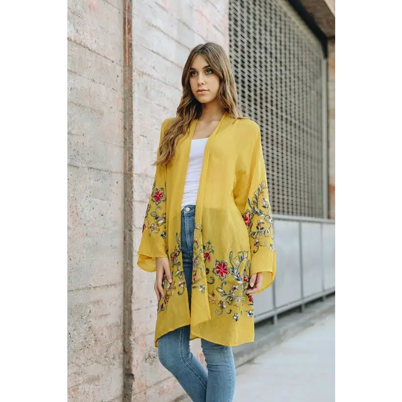 Long Floral Kimono Cardigan Mustard One Size cardigan