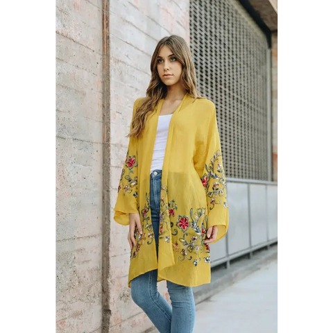 Long Floral Kimono Cardigan Mustard One Size cardigan