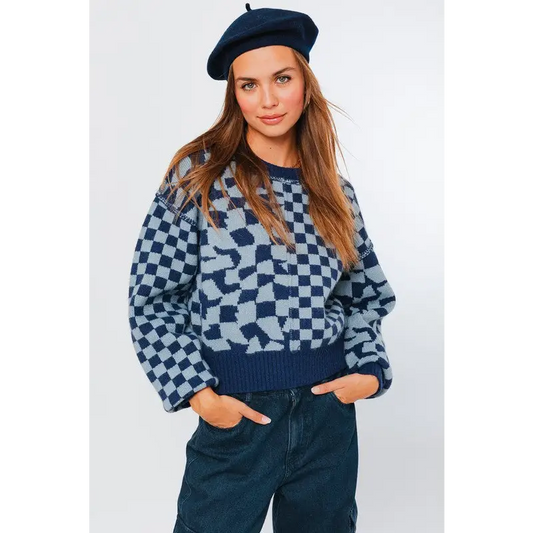 Long Sleeve Checkered Sweater NAVY-LT BLUE Sweater