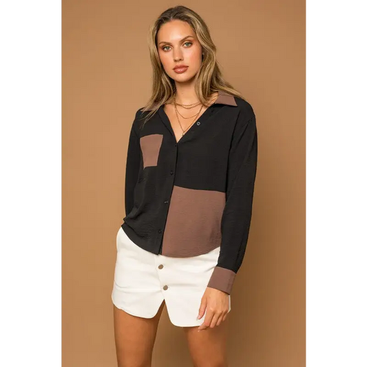 Long Sleeve Color Block Button Down Shirt BLACK-BROWN Shirt