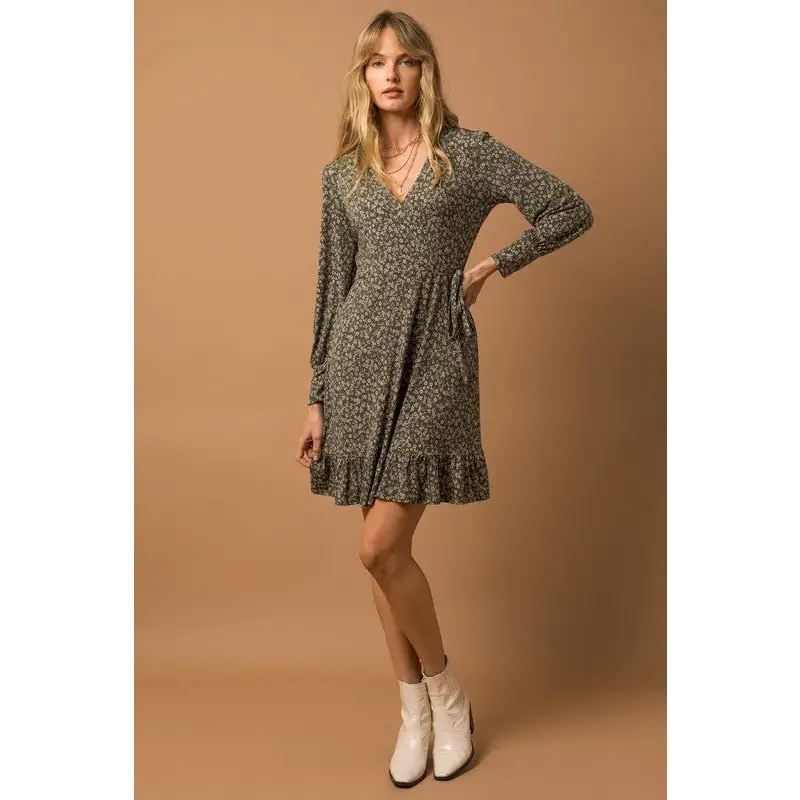 Long Sleeve Faux Wrap Ruffle Hem Dress Dress