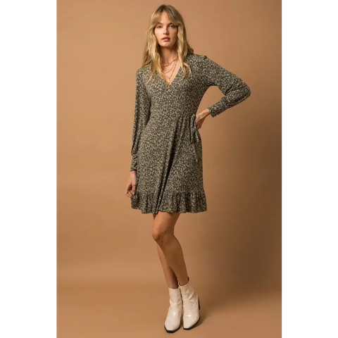 Long Sleeve Faux Wrap Ruffle Hem Dress Dress