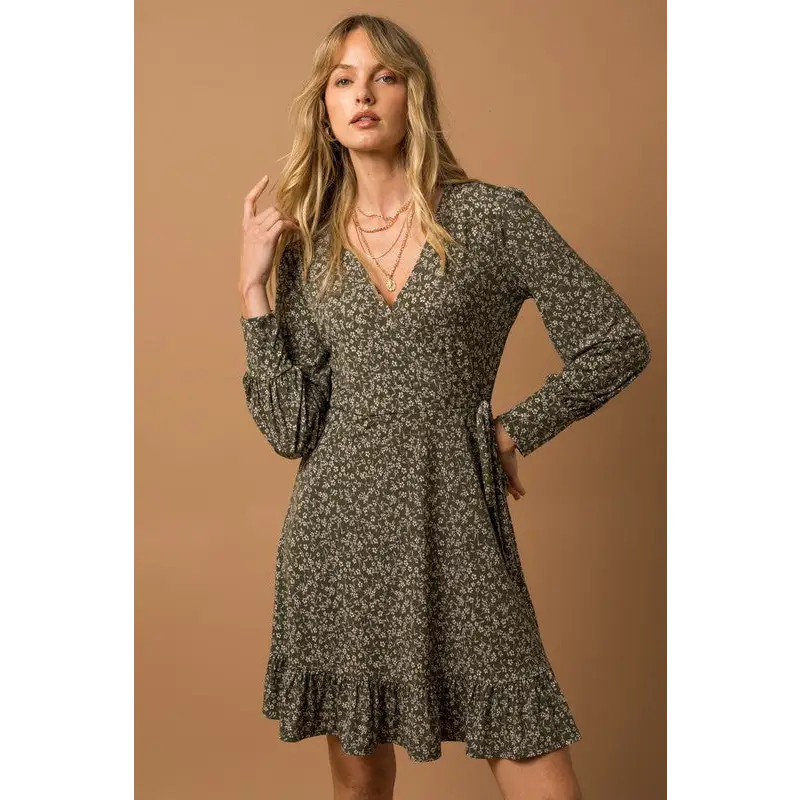 Long Sleeve Faux Wrap Ruffle Hem Dress OLIVE-IVORY DITSY Dress