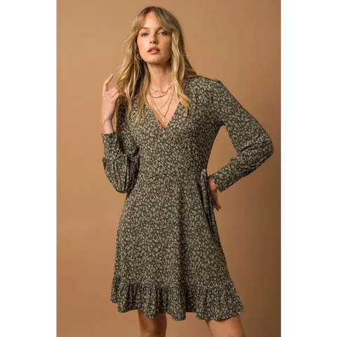 Long Sleeve Faux Wrap Ruffle Hem Dress OLIVE-IVORY DITSY Dress