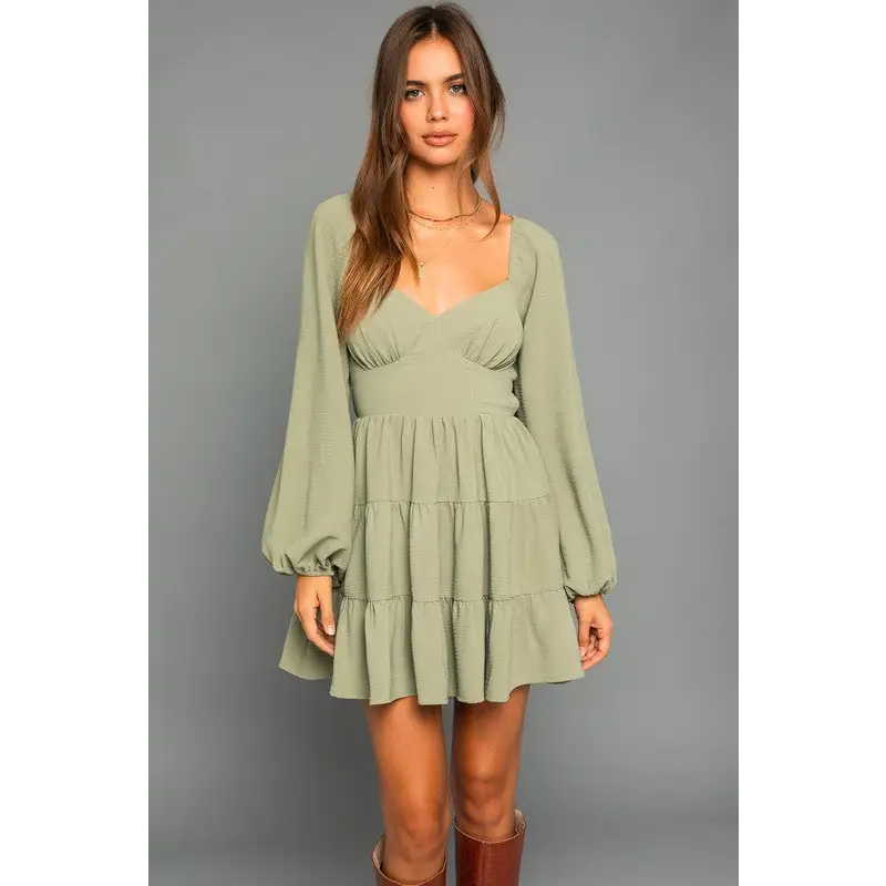 Long Sleeve Open Back Dress LT OLIVE Dress