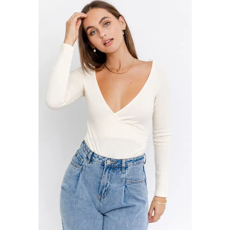 LONG SLEEVE SURPLICE BODYSUIT CREAM Tops