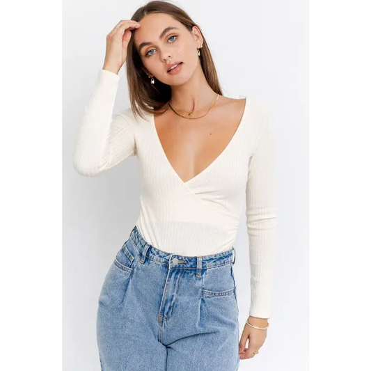 LONG SLEEVE SURPLICE BODYSUIT CREAM Tops