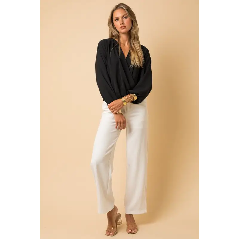 Long Sleeve Surplice Shoulder Shirring Top Top