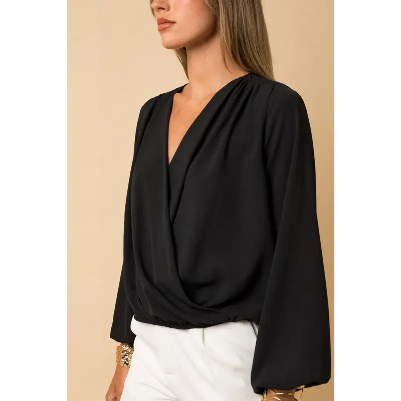 Long Sleeve Surplice Shoulder Shirring Top Top