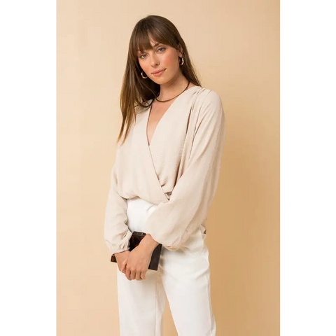 Long Sleeve Surplice Shoulder Shirring Top Top