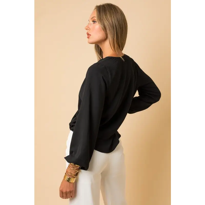 Long Sleeve Surplice Shoulder Shirring Top Top