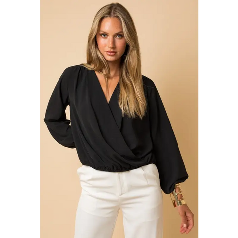 Long Sleeve Surplice Shoulder Shirring Top Black L Top