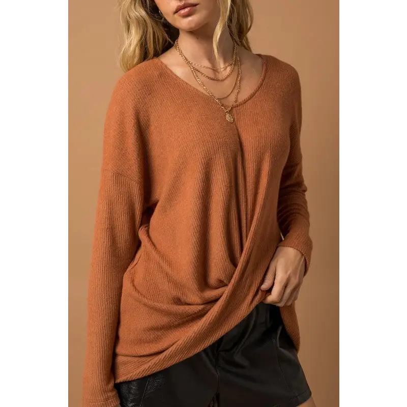 Long Sleeve V Neck Draped Top Top