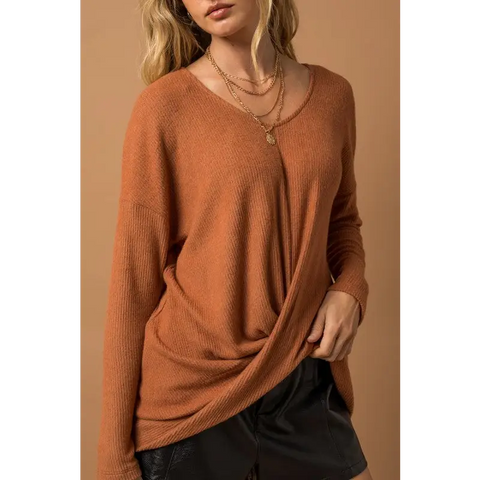 Long Sleeve V Neck Draped Top Top