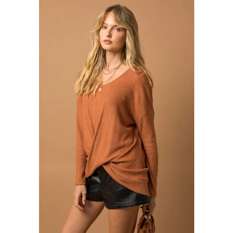 Long Sleeve V Neck Draped Top Top