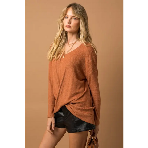 Long Sleeve V Neck Draped Top Top