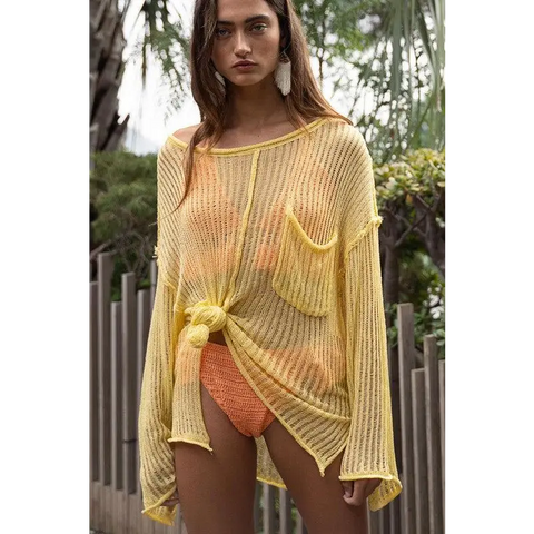 Loose Fit See-through Boat Neck Sweater EGG YOLK Sweater