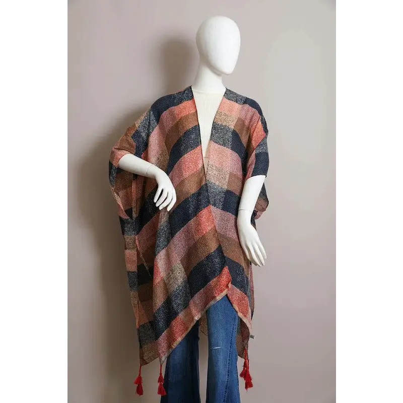 Multi Buffalo Checkered Kimono Rust Brown Blue Default Kimono Cardigan