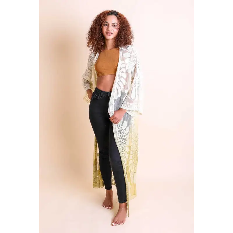 Ombre Bohemian Lace Kimono Ochre One Size