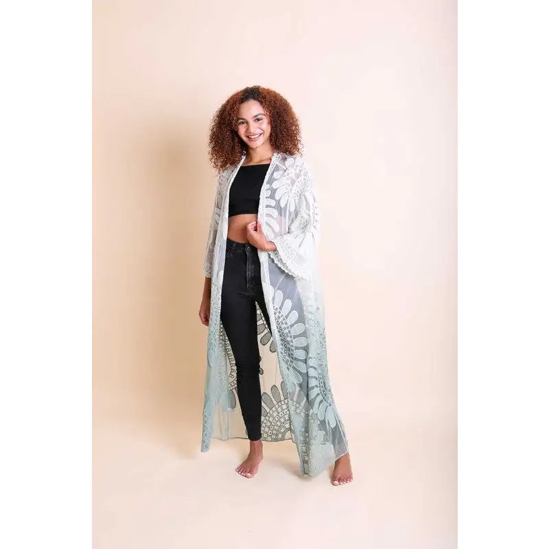 Ombre Bohemian Lace Kimono Seafoam One Size