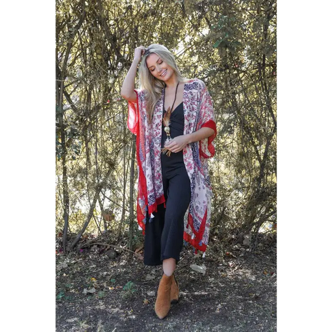 Paisley Floral Patchwork Kimono Red One Size