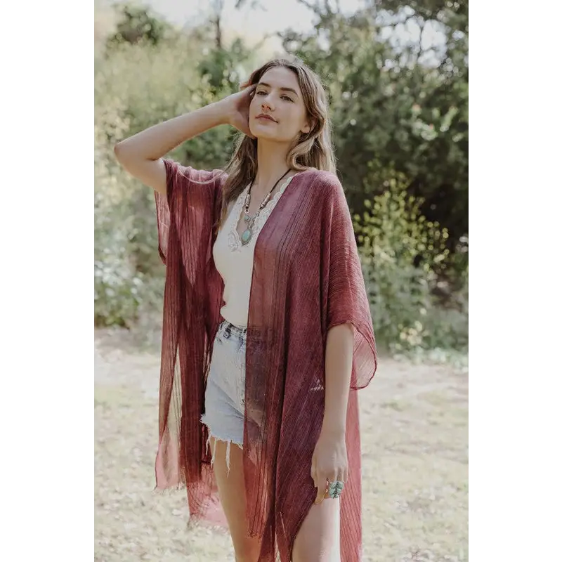 Pencil Stripe Lurex Trim Kimono Plum Default Kimono Cardigan