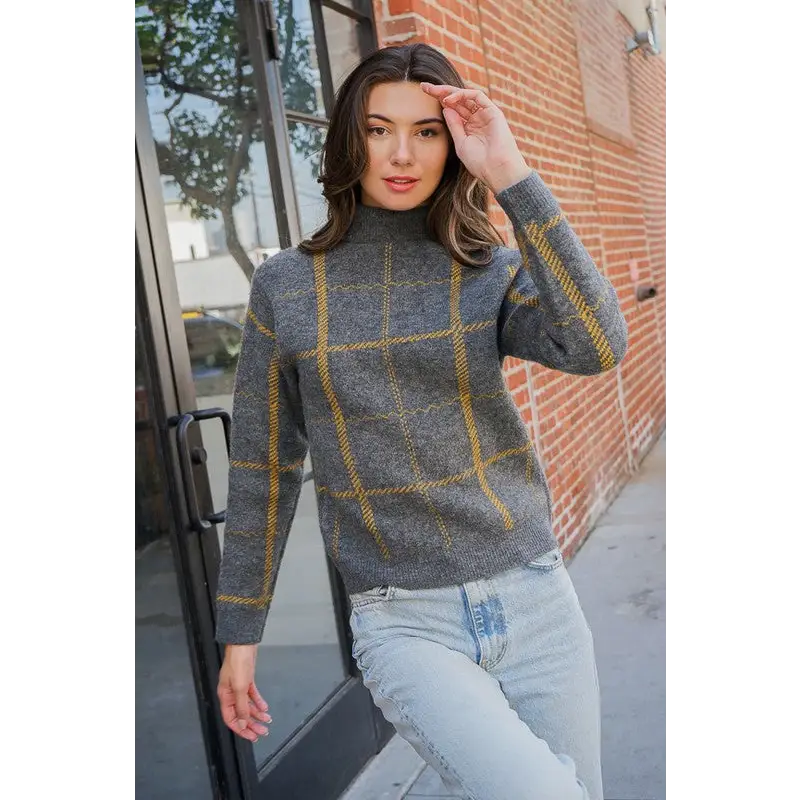 Plaid Turtleneck Sweater CHARCOAL YELLOW Sweater